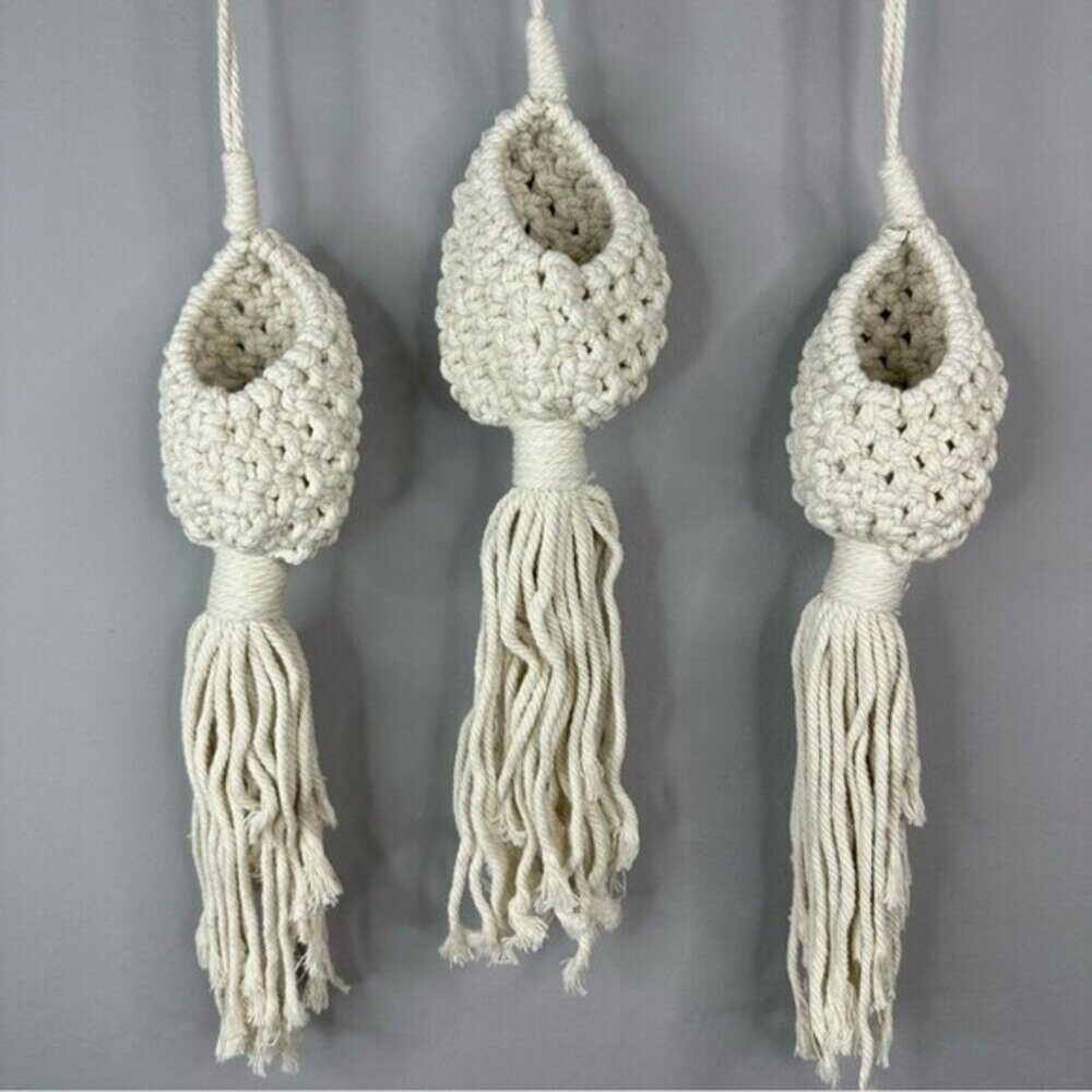 Set of 3 Macrame Hanging Fruit Basket Cream Boho Wall Decor Tassel Pods Hook NEW